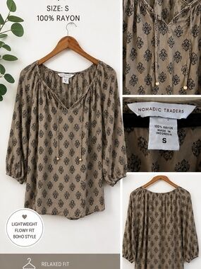 Nomadic Traders Tan Olive Printed Boho Peasant Blouse